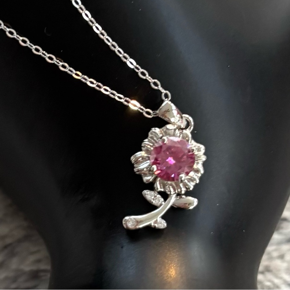 Moissanite 1 ct Pink Flower White Gold & Sterling Silver Necklace